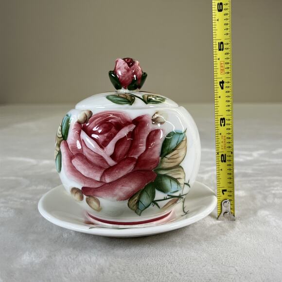 Lefton Handpainted Jelly/Jam Dish, Americana Rose Design 5”x 5” w/o Spoon Chrty - Picture 12 of 14